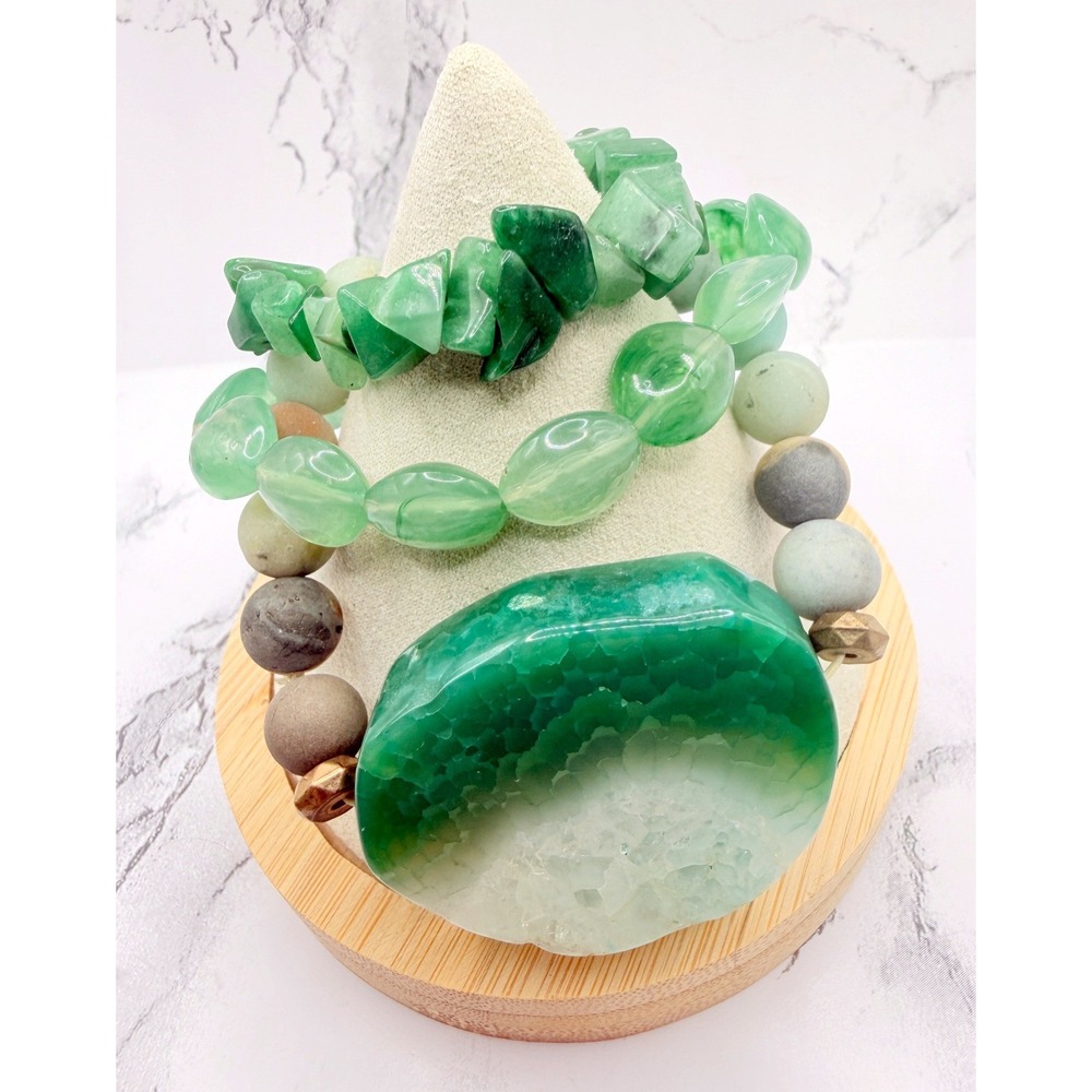Green Stretch Bracelet Lot of 3 Glass Natural Stone Polymer Clay 7–7.5 Inch